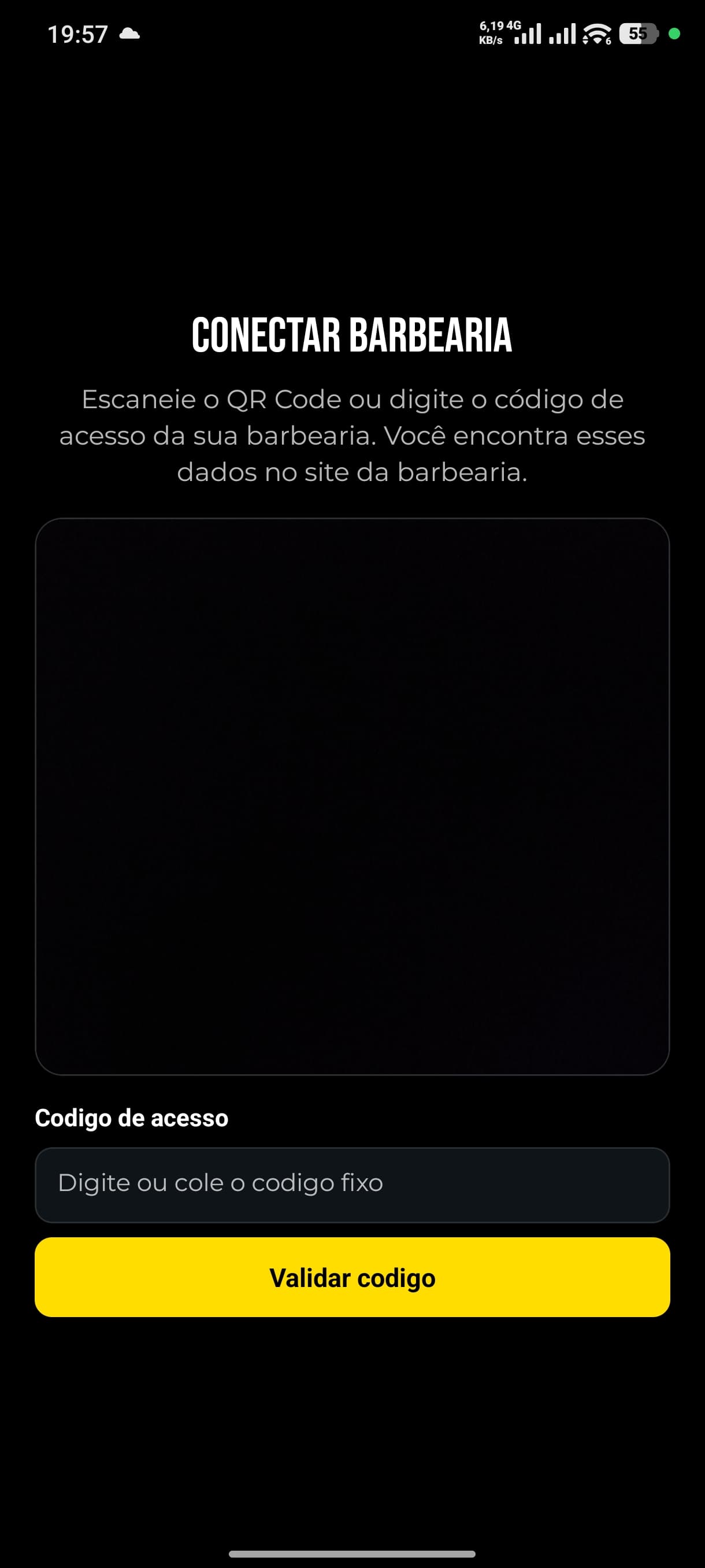 Tela CONECTAR BARBEARIA do app ADPG Barber, escaneando o QR Code de uma barbearia.