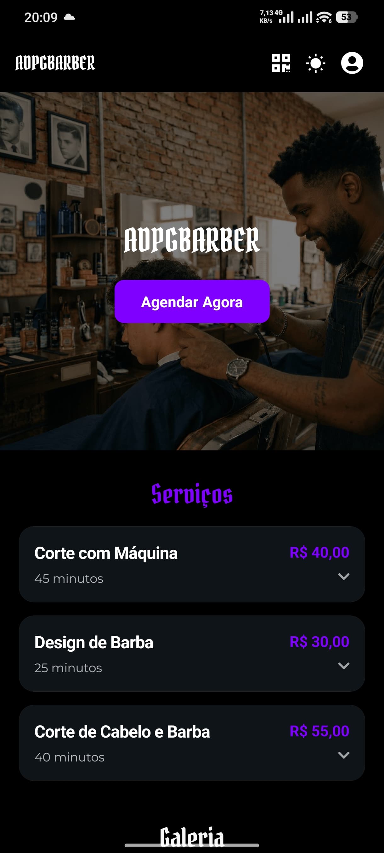 A barbearia aberta dentro do app ADPG Barber, com o botão 'Agendar Agora' e a lista de serviços com preços.