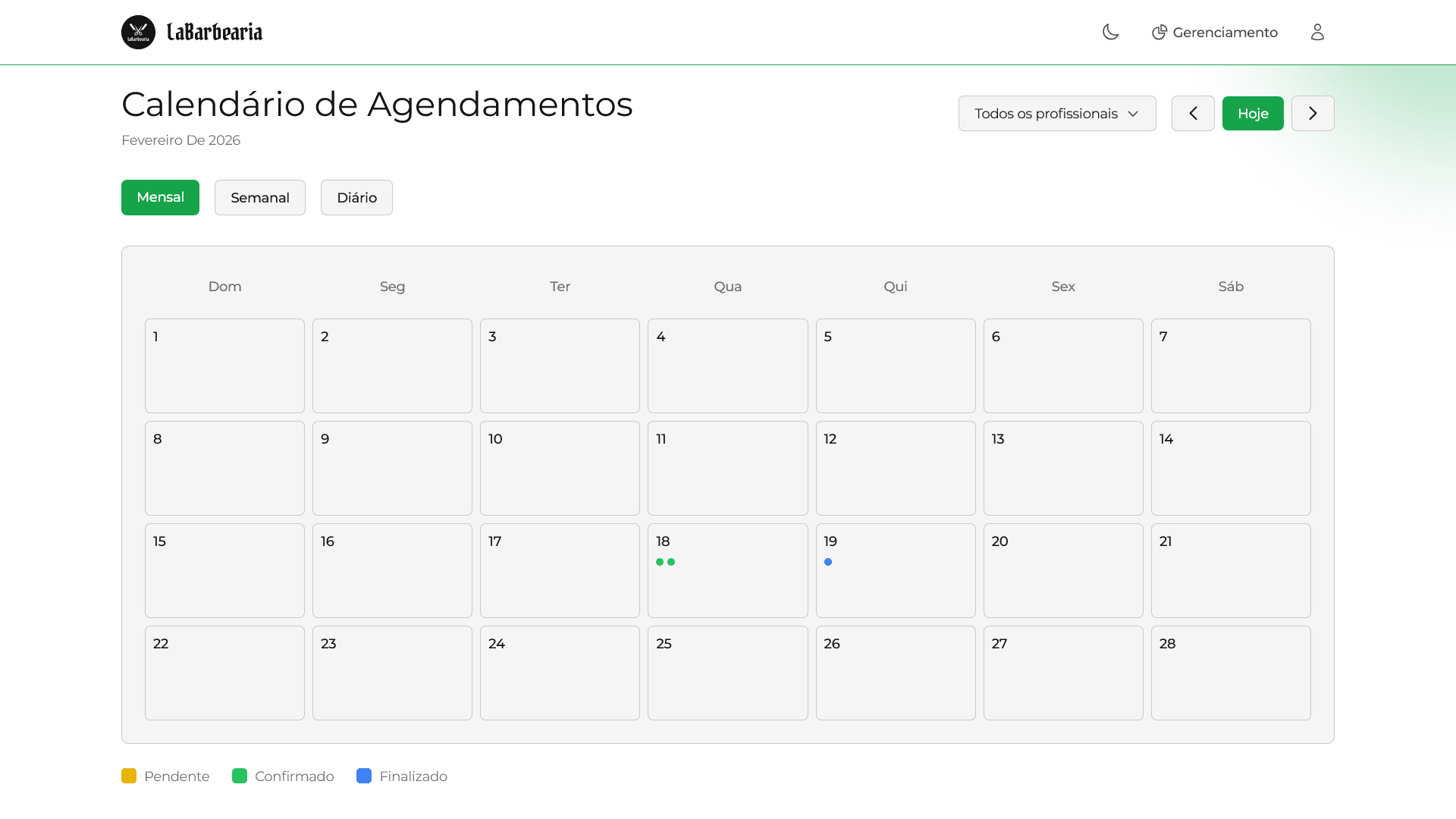 Calendário de agendamentos online da barbearia