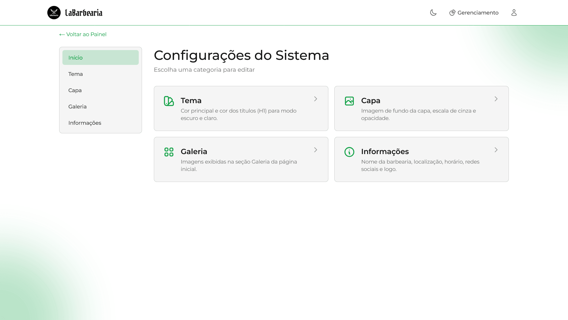 Tela de configurações do sistema para barbearia