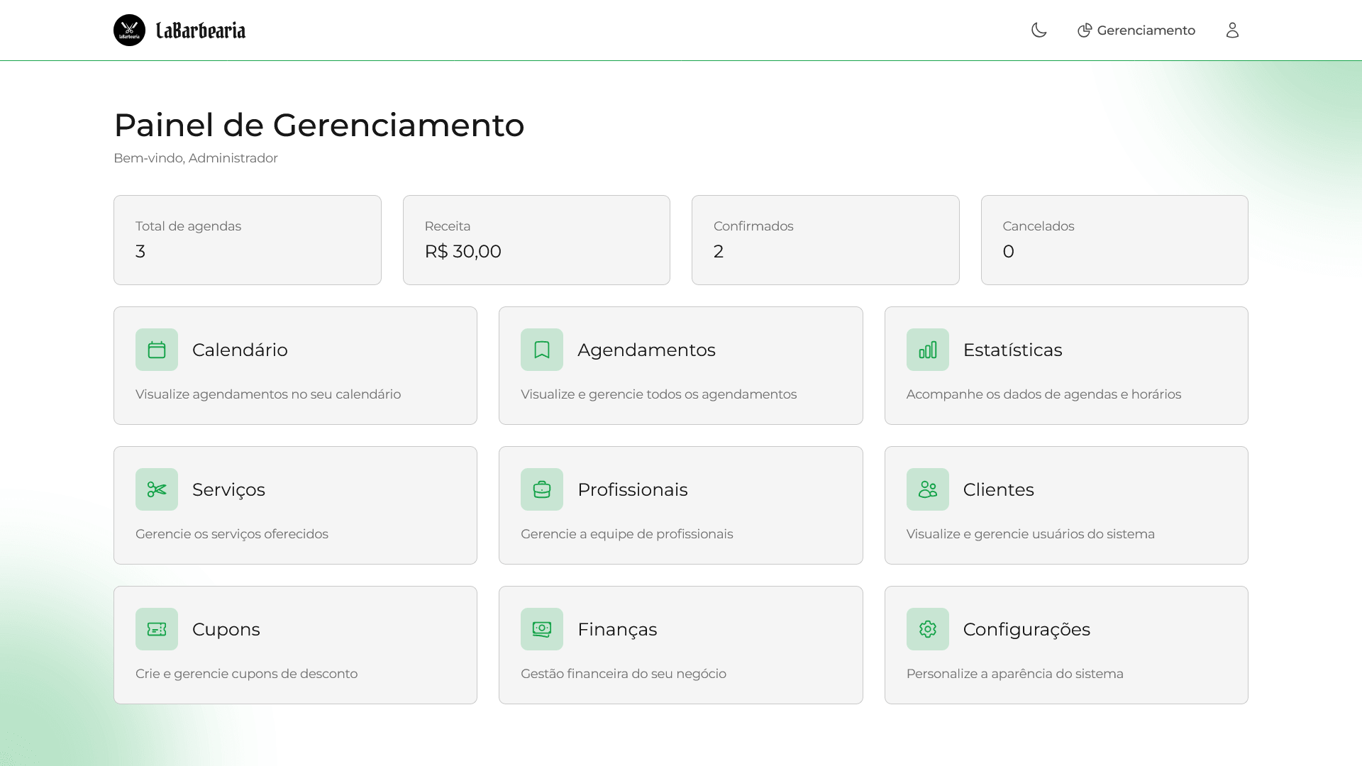 Painel de gestão da barbearia com agenda do dia